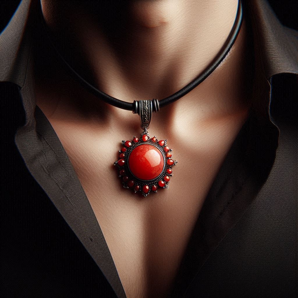 Red coral gem pendent on man's neck with black background png
