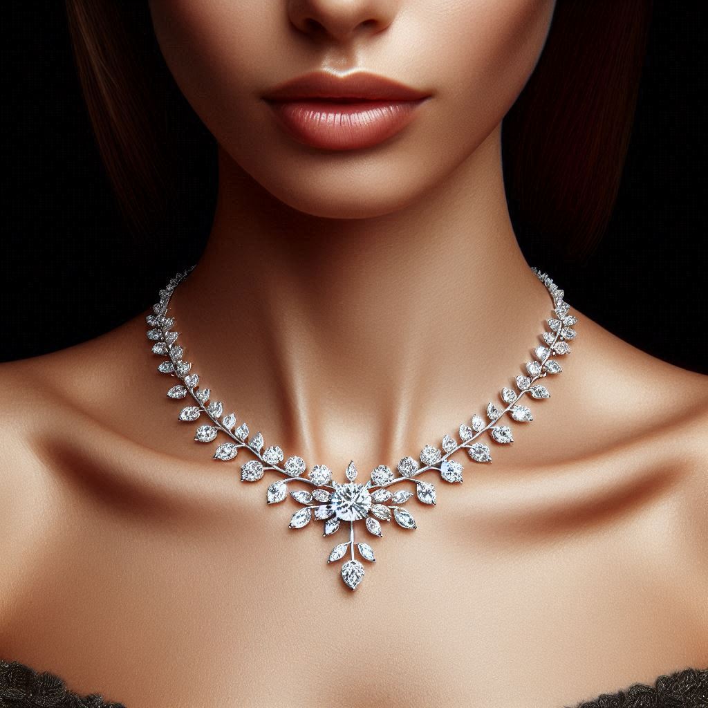 diamond necklace on women neck with black background png